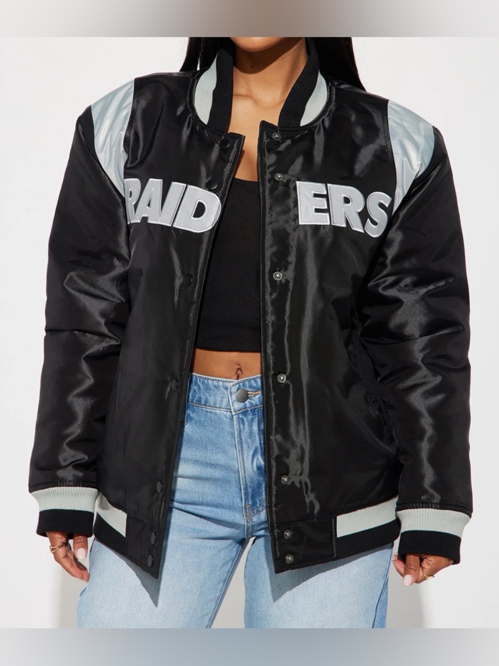 NEW ::: nwt  NFL Las Vegas RAIDERS football Black Satin logo Bomber Jacket - XL